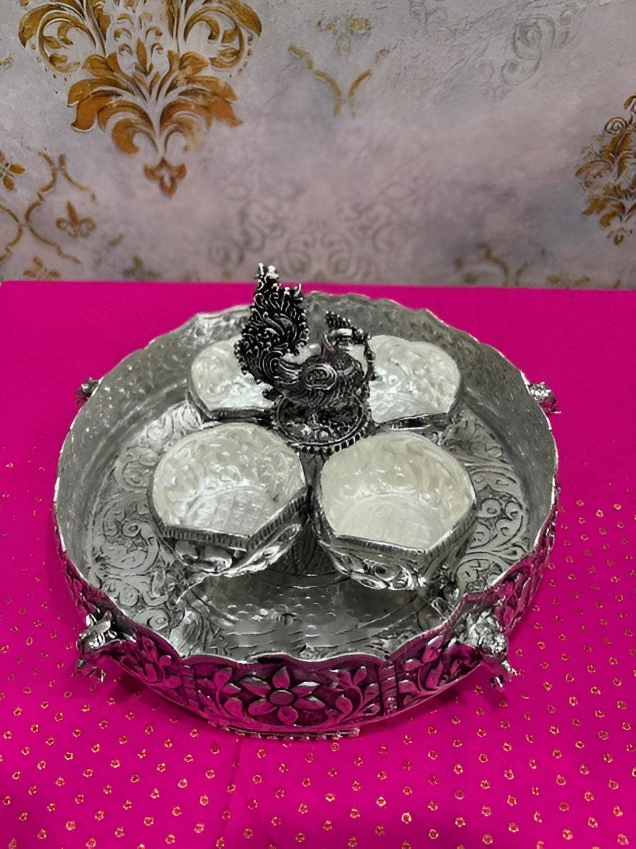silver plated antique finish urli bowl with kumkum bowl set for diwali décor/ pooja